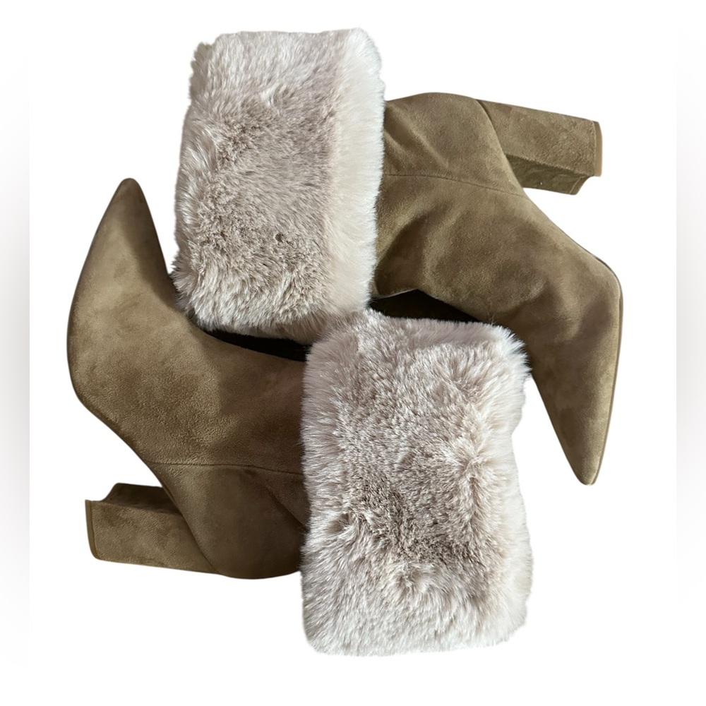 Nine West Chrissa Women’s Dark Natural Suede Faux Fur Heel Bootie Size 7.5